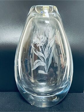 Magnor Glasswork of Norway Lead Crystal Vase with Etched Tulips